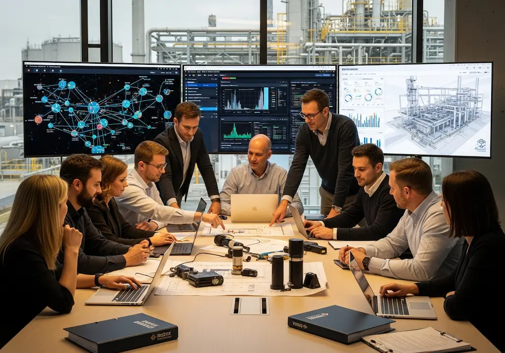 Professional meeting with Rotex Technologies engineers and client representatives collaborating around a table with laptops, technical drawings, and sensor prototypes, large screens showing sensor network architectures and industrial schematics, in a modern conference room with floor-to-ceiling windows overlooking industrial facility.