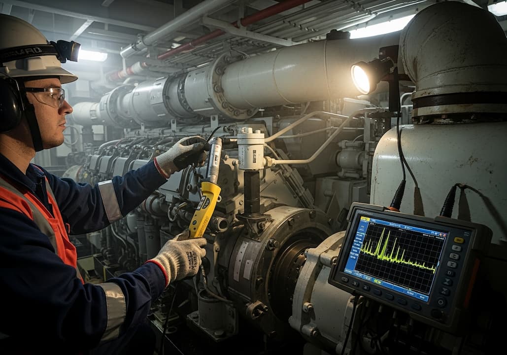 Engineer in safety gear measuring vibrations on a large engine using a hand held probe and portable analyzer showing real-time data for predictive maintenance.