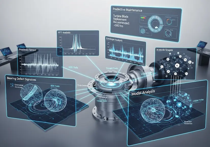 Visualization of turbine digital twin with analytical overlays like FFT, envelope analysis, proximity sensors, bearing defects, AI modes, modal analysis, and blade replacement recommendations in an engineering setup.