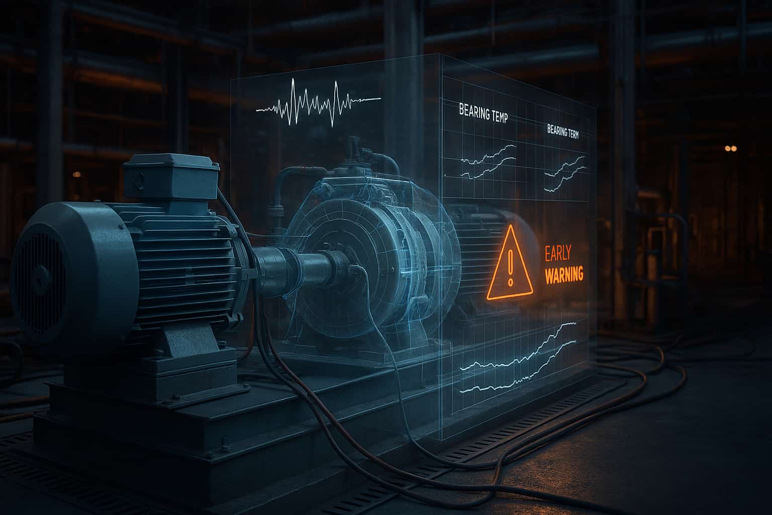 Conceptual visualisation of a rotating electrical machine with digital twin overlay displaying thermal distribution, vibration spectral analysis, and predictive maintenance indicators