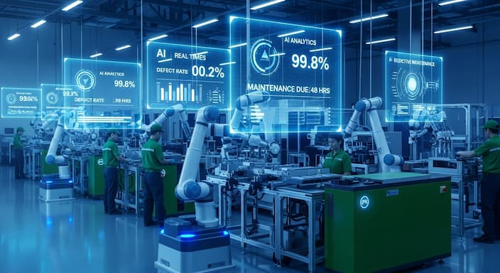 ai-in-advanced-manufacturing Advanced manufacturing scene showcasing Rotex Technologies' AI integration with robotic arms and digital displays enhancing production efficiency in a futuristic manufacturing facility optimizing production and workflow