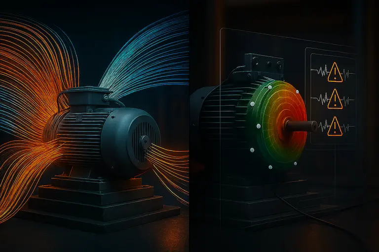 Split visualisation showing CFD thermal contour analysis and FEA modal shape results integrated with operational digital twin dashboard displaying anomaly detection indicators