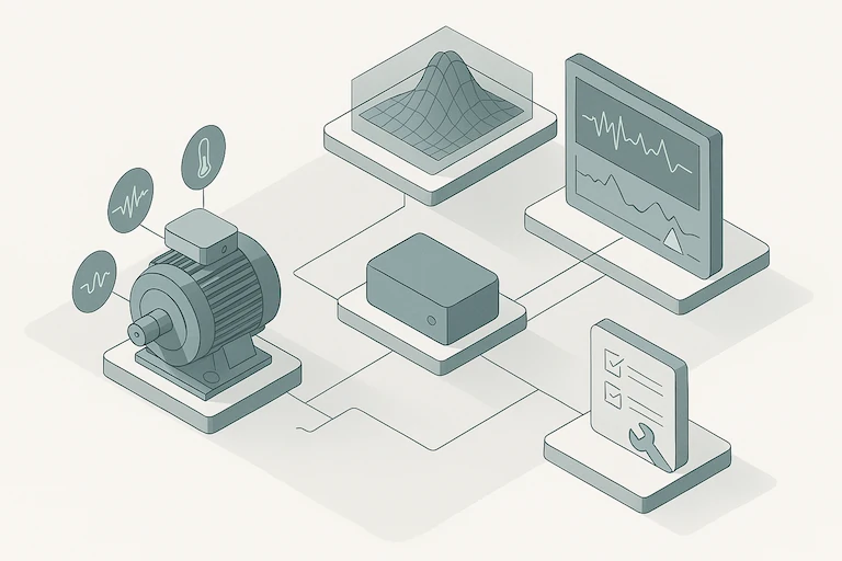 Isometric diagram illustrating digital twin architecture layers: sensor acquisition, edge gateway processing, physics models from CFD/FEA, AI analytics for anomaly detection and RUL estimation, and maintenance planning outputs