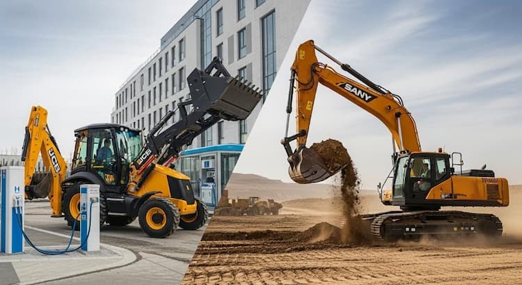 JCB and SANY excavators powered by hydrogen fuel cell and battery technology JCB and SANY excavators, one fueled by hydrogen cells and the other by batteries, representing advancements in clean energy.