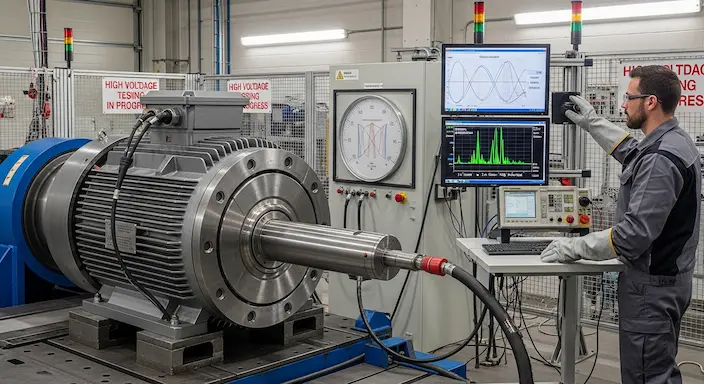 An engineer performing high-potential testing on a fully assembled large electric motor in a test bay, with digital test instruments displaying insulation resistance readings and surge comparison waveforms on screens, alongside a vibration analyser showing spectral data, demonstrating the comprehensive quality assurance process before return to service.