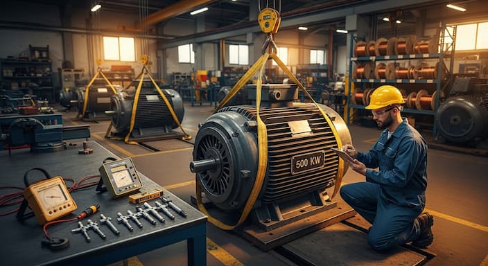 A large industrial electric motor positioned on a workshop floor beside an overhead crane, with an engineer in safety gear performing initial visual inspection and recording nameplate data on a tablet, surrounded by precision measurement instruments and testing equipment.