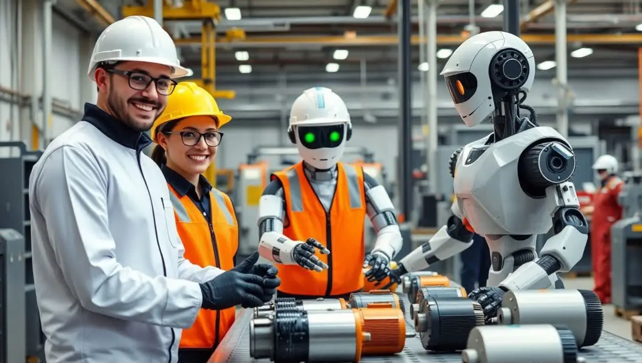 robot in production line Robots in motors production assembly line